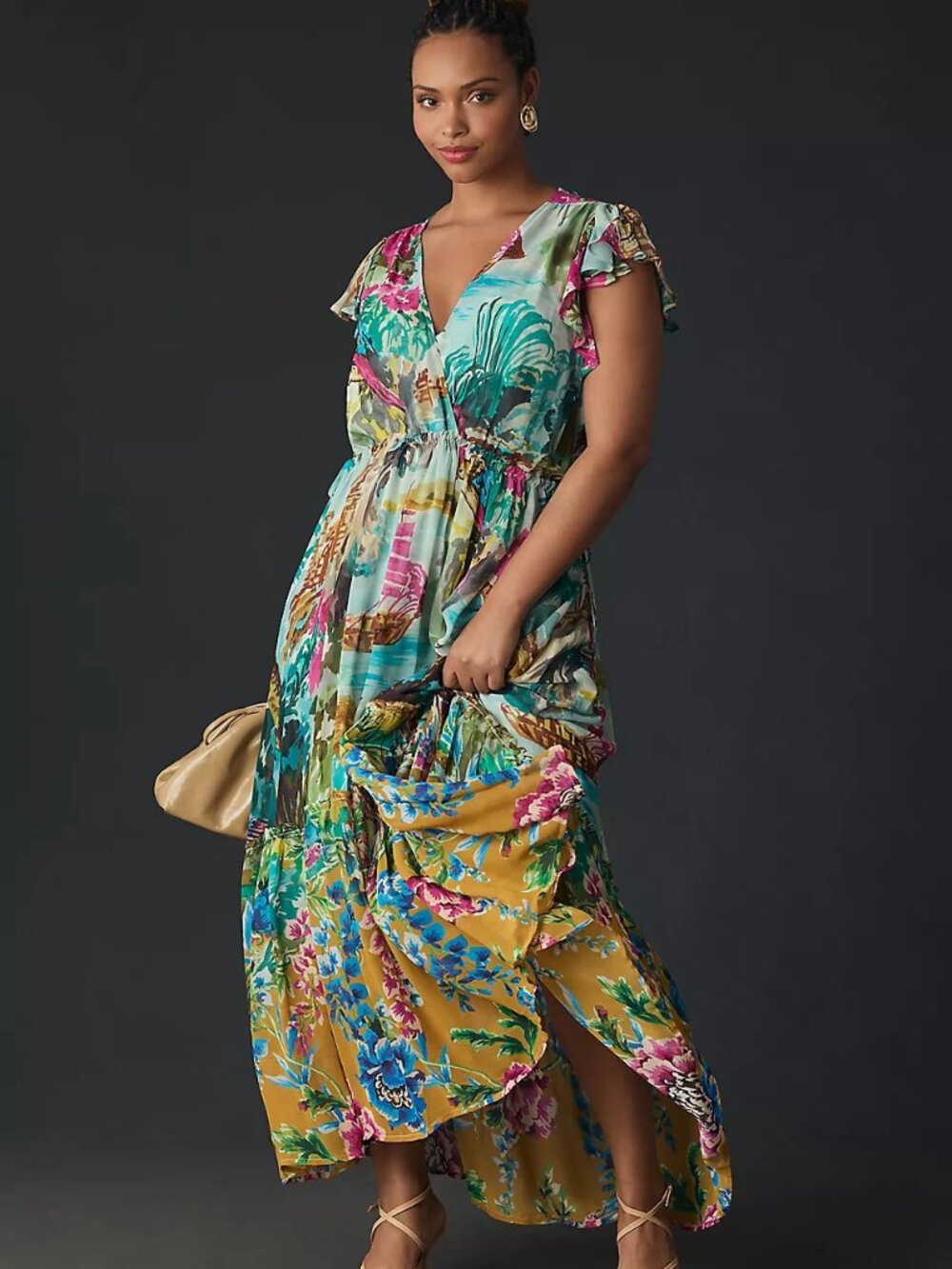 By Anthropologie V-Neck Flutter-Sleeve Maxi Dress Size XL Multicolor Lined